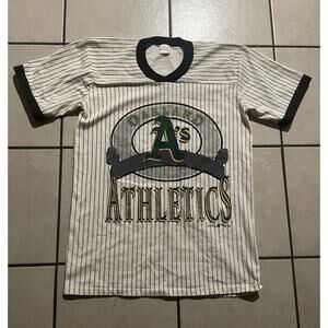 EUC Vtg 1993 OAKLAND A’s Garan Strips AOP Ringer Short Sleeve Sz Medium USA Made